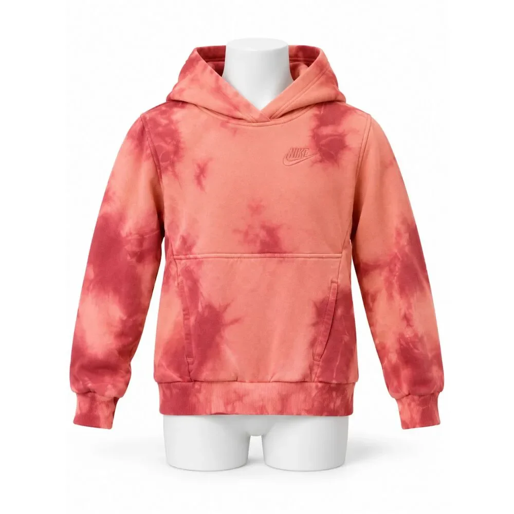 Nike Kids XS Orange Red Tie Dye Pullover Hoodie Tonal Swoosh Sweatshirt